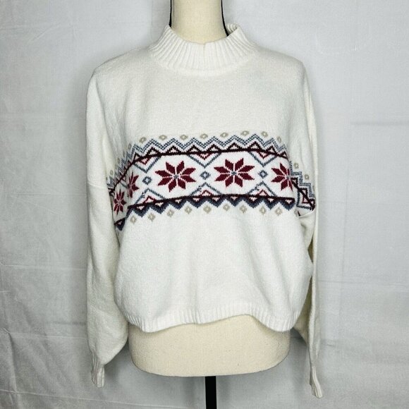 Hollister Long-Sleeve Oversized Mock-Neck Fair Isle Crop Sweater Sz M Soft NEW - Picture 1 of 8